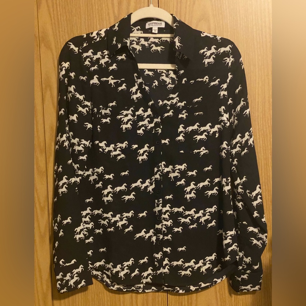 Express Portofino Shirt Black White Horse Print Button Down Blouse Size XS